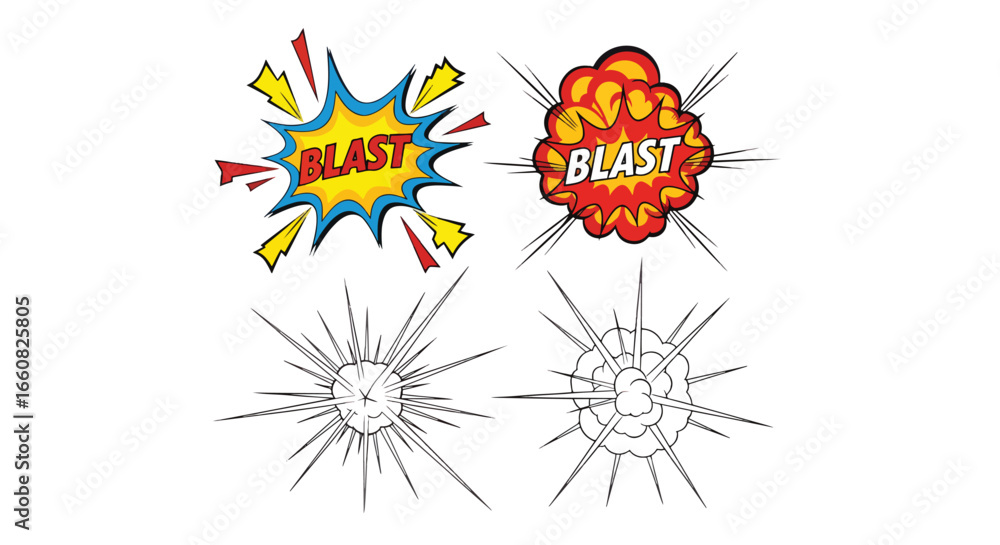 Obraz premium A set of four comic book style illustrations, including two 'BLAST' explosions and two shattered glass impact effects.
