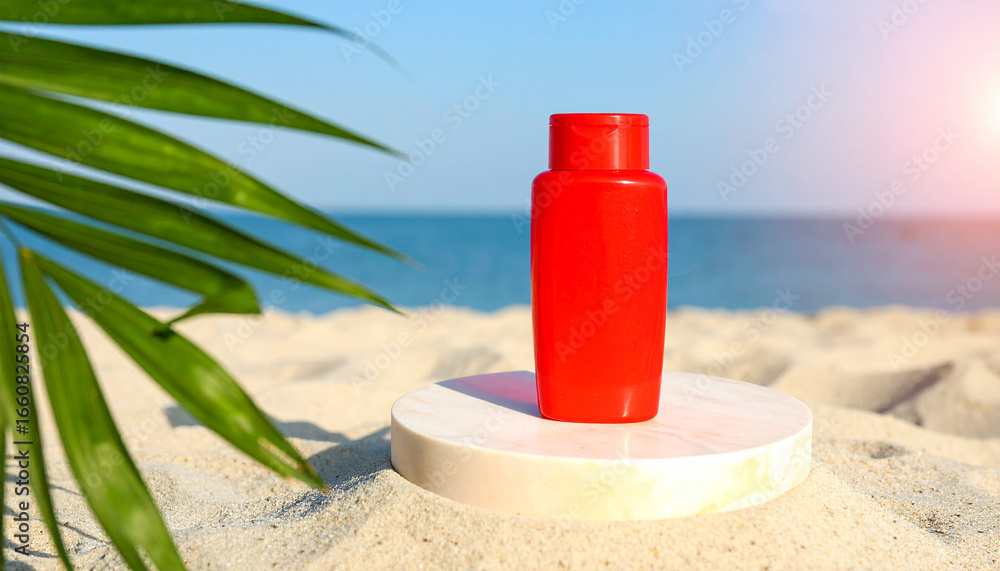 Coastal Sunscreen: A bright red bottle of sunscreen sits proudly on a sandy beach, palm leaves sway in the breeze, and the vast ocean stretches out. Coastal Sunscreen: A bright red bottle of sunscreen sits proudly on a sandy beach, palm leaves sway in the breeze, and the vast ocean stretches out.