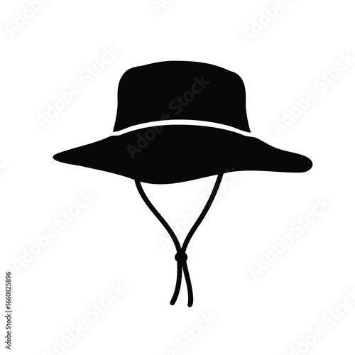 Black and white silhouette of a bucket hat with chin strap