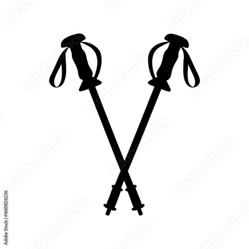 Silhouette of two crossed hiking poles, equipment for trekking, black on white