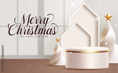 Merry Christmas and happy new year white podium clipart banner design. White podium stage clip art with Merry Christmas and happy new year greeting for xmas sale and product display presentation card 