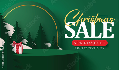 Christmas sale green podium clipart banner design. Merry Christmas sale 50 % limited time special offer in green podium stage background clip art for xmas holiday product promotion banner card 
