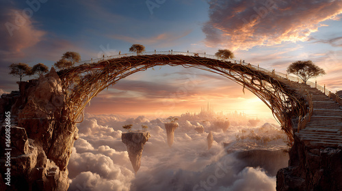 Golden vine bridge arches over a cloudscape, leading to a distant city in a fantasy environment.