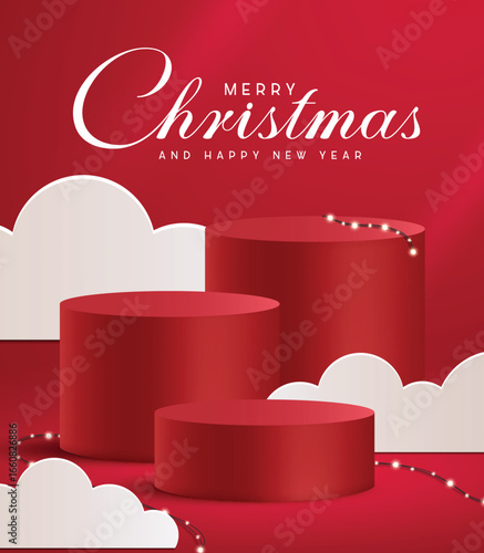 Merry Christmas red podium clipart poster design. Red podium with xmas lights, white paper cut, Merry Christmas and happy new year greeting text clip art for Christmas sale product promotion in red 