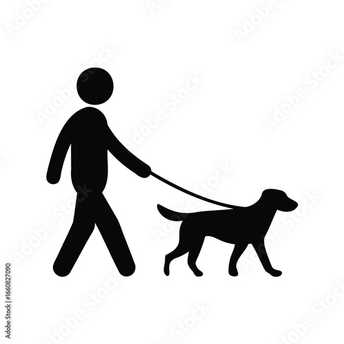 Iconic depiction of a person walking their dog on a leash outdoors