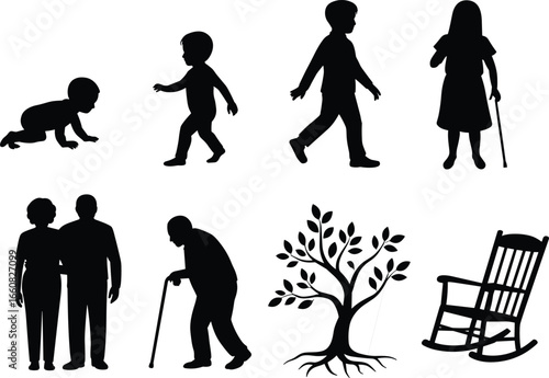 Silhouettes representing life stages from baby crawling to elderly walking with cane, family, tree of life, rocking chair concept