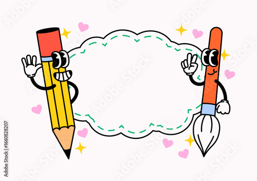 Cartoon pencil and brush character illustration with blank frame vector hand drawn