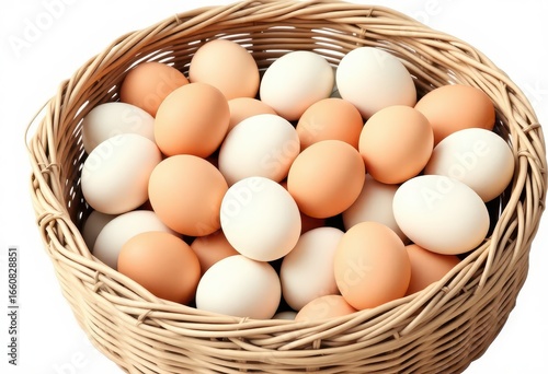 Wallpaper Mural A wicker basket overflowing with a collection of brown and white eggs, set against a stark white background.  The eggs are nestled together, showcasing a variety of sizes and shades Torontodigital.ca