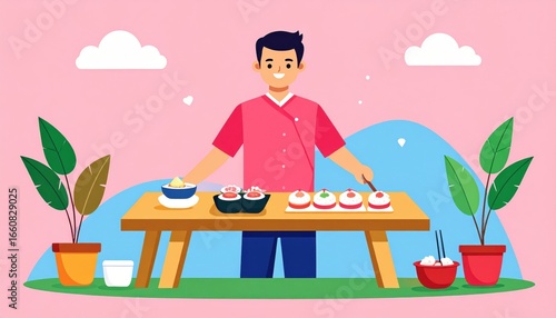 Wallpaper Mural Happy young man prepa sushi rolls at outdoor table with various ingredients and plants, cheerful atmosphere, colorful cartoon style illustration Torontodigital.ca