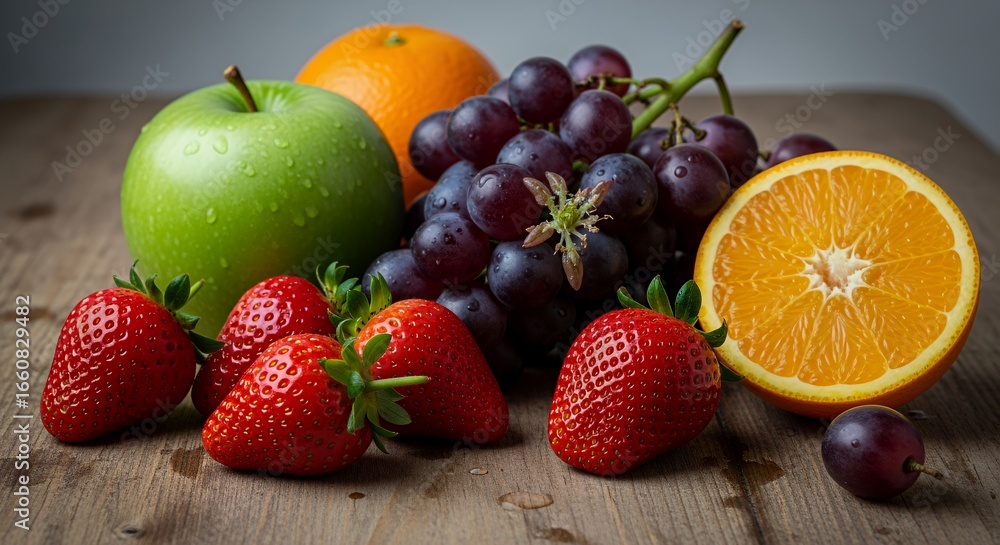 © tama - Vibrant Fruit Still Life: Apples, Strawberries, Grapes, and Oranges