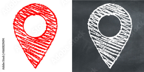 Chalk hand drawn location pin vector for navigation, places, and direction with a sketchy feel. Ideal for illustrating maps, finding locations, and creative concepts.
