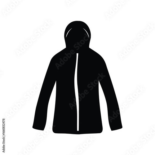 Solid black silhouette of a hooded jacket or coat with white seam