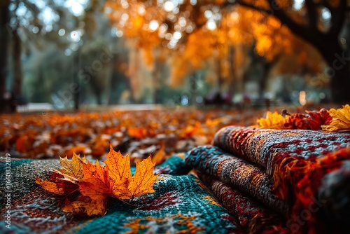 Autumn leaves and cozy blanket for a relaxing fall picnic in the park