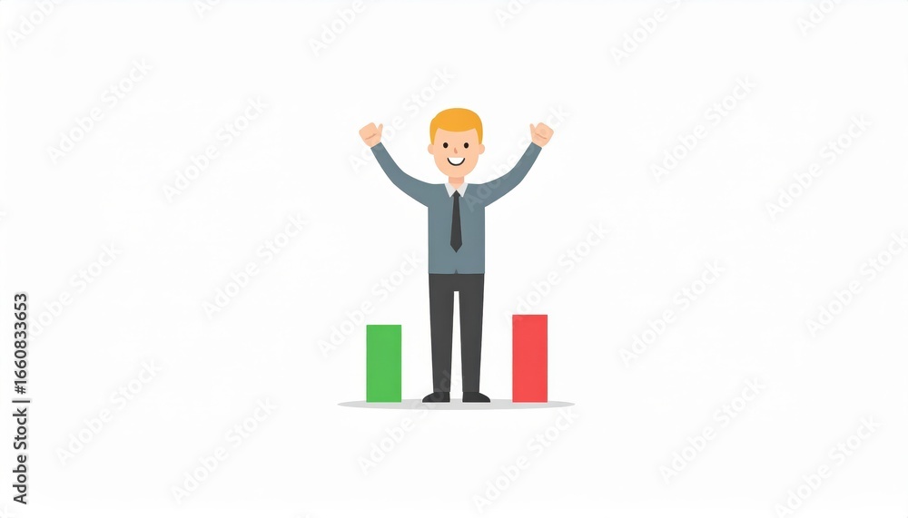 Obraz premium Happy businessman standing on podium with arms raised in victory celebrating success with colorful bars representing achievement in a minimalist style
