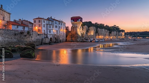 Coastal beauty of southwest France with sun setting over Chtelaillon-Plage, the beach glowing under low tide conditions