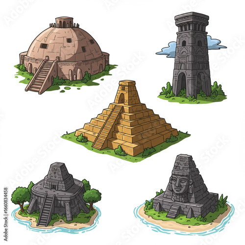 Collection of ancient architectural structures including pyramids, towers, and domes.