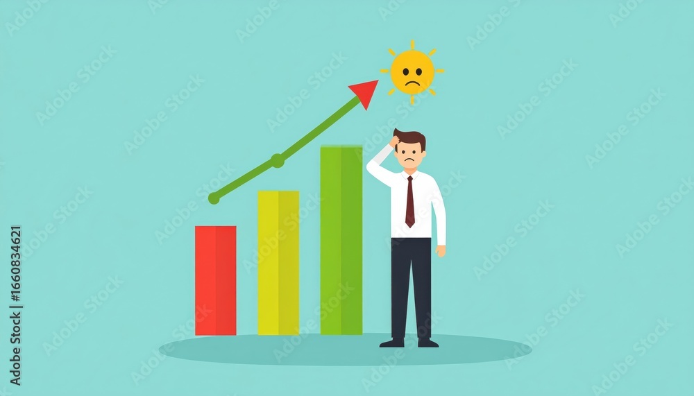 Obraz premium Businessman standing next to colorful bar chart with an upward arrow and sad sun symbol representing growth challenges or financial concerns in a modern flat style