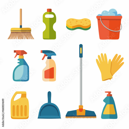 Collection of various cleaning supplies and tools, essential for maintaining a clean home environment.