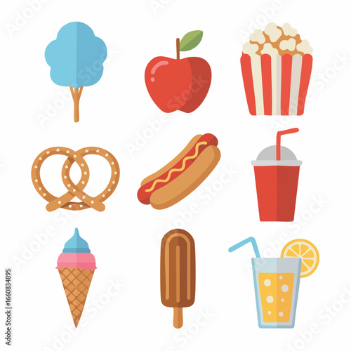 Collection of various food items, including cotton candy, popcorn, apple, pretzels, hot dogs, ice cream, and drinks, suitable for a fair or festival.