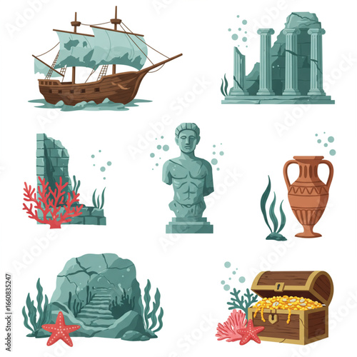 Underwater scene with sunken ship, ruins, statue, treasure chest, and other artifacts.