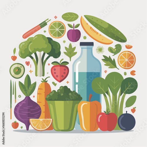 Colorful flat illustration of various fruits and vegetables arranged in a circle.