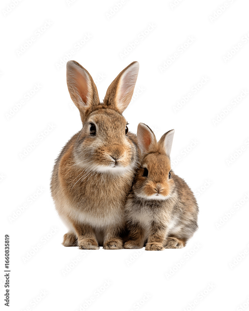 Fototapeta premium A mother rabbit and her baby sitting together, facing forward