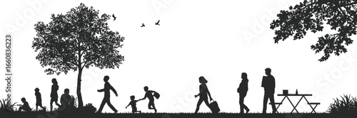 People Relaxing in Park, Families Walking, Playing, Picnicking Under Trees, Outdoor Leisure Scene, Nature Lifestyle, Community Time Together