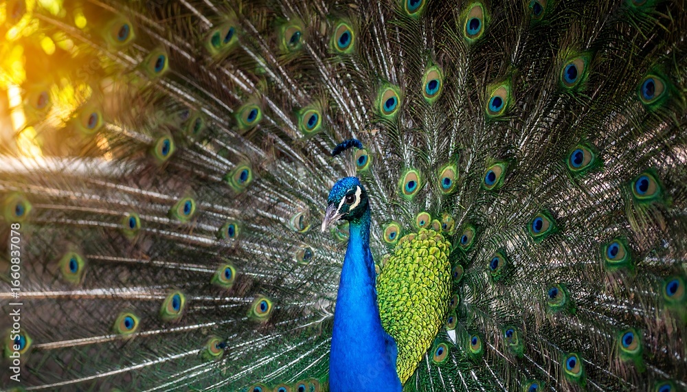 Obraz premium Peacock displaying its vibrant plumage in sunlight