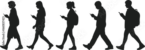 Silhouette of people walking while using smartphones, modern lifestyle, technology addiction, mobile device usage, digital era, communication, posture, urban life, youth culture