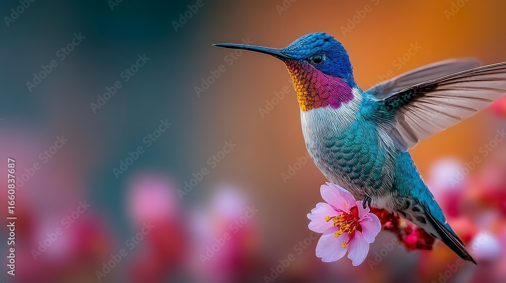 Fototapeta premium Vibrant hummingbird with iridescent plumage rests on a delicate pink flower blossom