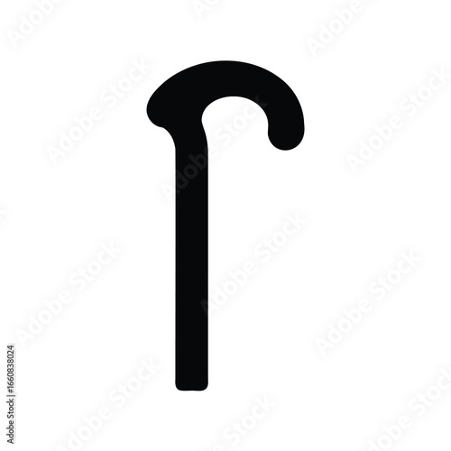 Curved Handle Walking Cane Silhouette Vector – Mobility Aid & Elderly Support Stick - Black silhouette vector icon of a walking cane with a crook handle. Commonly used as a mobility aid for elderly pe
