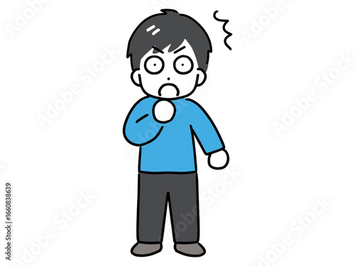 目を丸くして驚く私服の若い男性(全身・正面)	