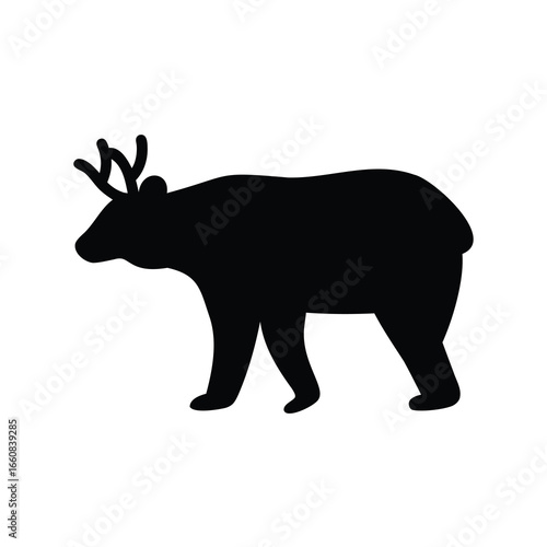 Reindeer or Caribou Silhouette Icon - Black silhouette of a reindeer or caribou with antlers, symbolizing winter wildlife, Arctic animals, Christmas reindeer, hunting, nature, and wilderness themes.
