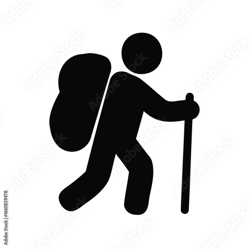 Hiker with Backpack Silhouette Icon - Black silhouette of a hiker carrying a backpack and walking stick, symbolizing hiking, trekking, camping, mountaineering, and outdoor adventure.
