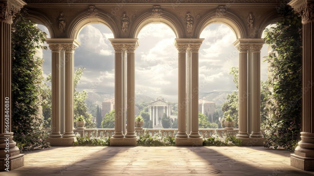 Fototapeta premium A bright room with structural columns and a significant window for natural light.
