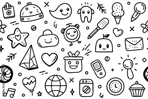 Whimsical doodle pattern background showcasing fun and playful hand-drawn style icons, perfect for adding a lighthearted touch to creative projects, originally a scalable vector graphic