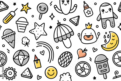 Playful doodle collage with joyful icons of stars, hearts, sweets, and cute characters in a fun, whimsical style, perfect for creative projects and joyful designs, originally vector graphics