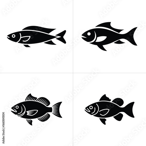 Black Fish Silhouettes Collection Set, Animal Design, Vector, Isolated On White