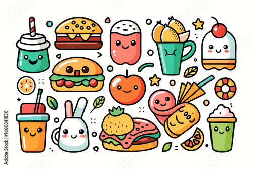 Delightful food illustrations featuring burgers, drinks, and desserts with adorable characters, perfect for menus, children's books, and playful designs