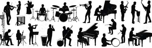 Black and white silhouettes of diverse musicians playing various musical instruments, orchestra band performance, jazz, classical, live music artistic illustration