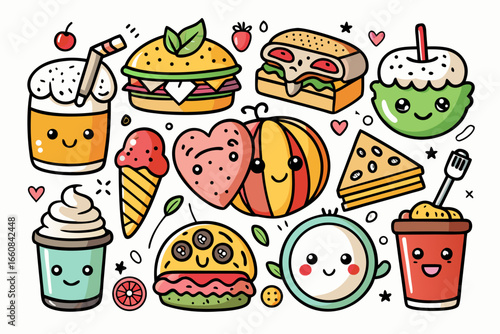Whimsical kawaii food illustrations featuring burgers, ice cream, and drinks, perfect for menus, branding, and playful designs, evoking joy and deliciousness