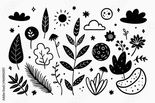 Whimsical black and white nature elements perfect for playful designs, bringing a touch of nature's elegance and charm to any creative project, perfect for invitations and more.