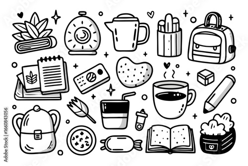 Charming hand-drawn collection of lifestyle doodles, perfect for creative projects, blogs, and social media content, conveying a sense of joy and modern design