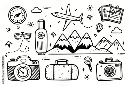 Embark on unforgettable adventures with travel essentials: airplane, mountains, compass, camera, luggage, and passport, perfect for globetrotters seeking exciting journeys