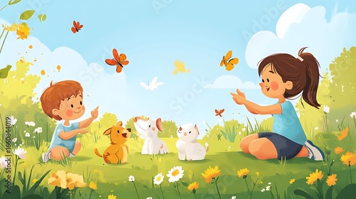 Children playing outdoors with pets