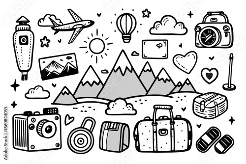 Hand-drawn travel doodles, capturing the essence of adventure, exploring mountains, cameras, and the joy of discovery, perfect for travel blogs and creative projects