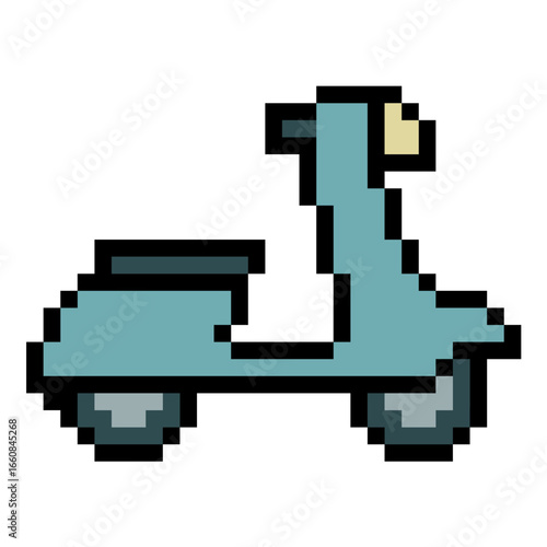 Pixel scooter icon vector for urban transport, delivery, and personal mobility in a retro pixelated style. Perfect for illustrating city travel, rideshare apps, and short-distance journeys.