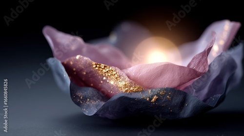 Abstract soft pastel fabric folds adorned with sparkling gold dust and glowing light