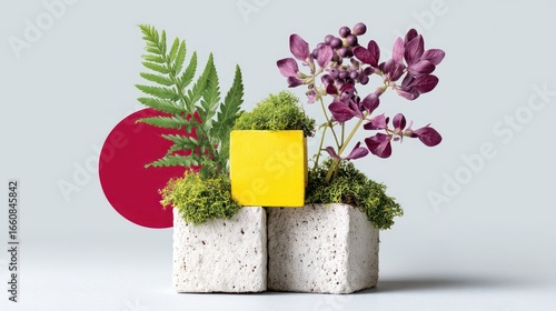 Yellow geometric cube with green moss and purple flowers beside fern leaf and red circle