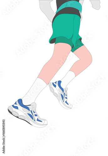 Fun cartoon illustration showing legs running in athletic sneakers with sport shorts great for fitness workout jogging healthy lifestyle training themes cardio and marathon design.